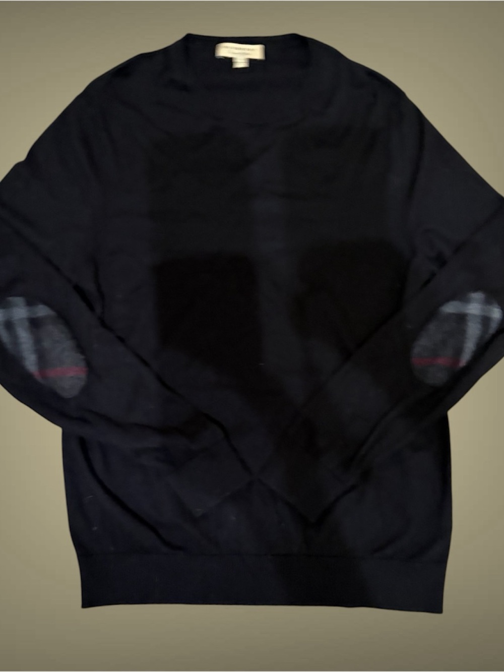 Burberry Black Crewneck Sweater with Plaid Elbow Patches